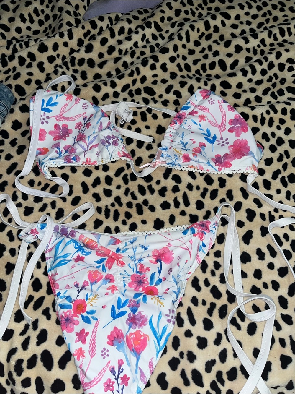 SHEIN White Floral Tie-Side Bikini with Pink & Blue Flowers